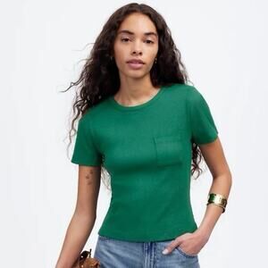 NWT Madewell Garment-Dyed Ribbed Crewneck Pocket Tee in Verdant Green Size XS